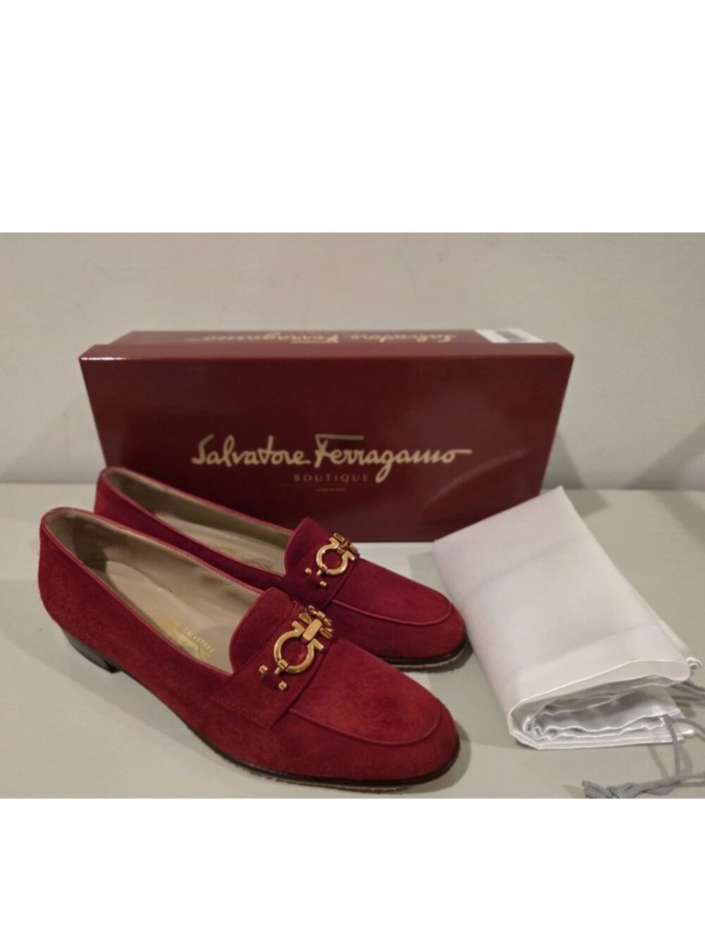 Vintage Salvatore Ferragamo Red Suede Gancini Loafers 7AAA Box & Dustbag